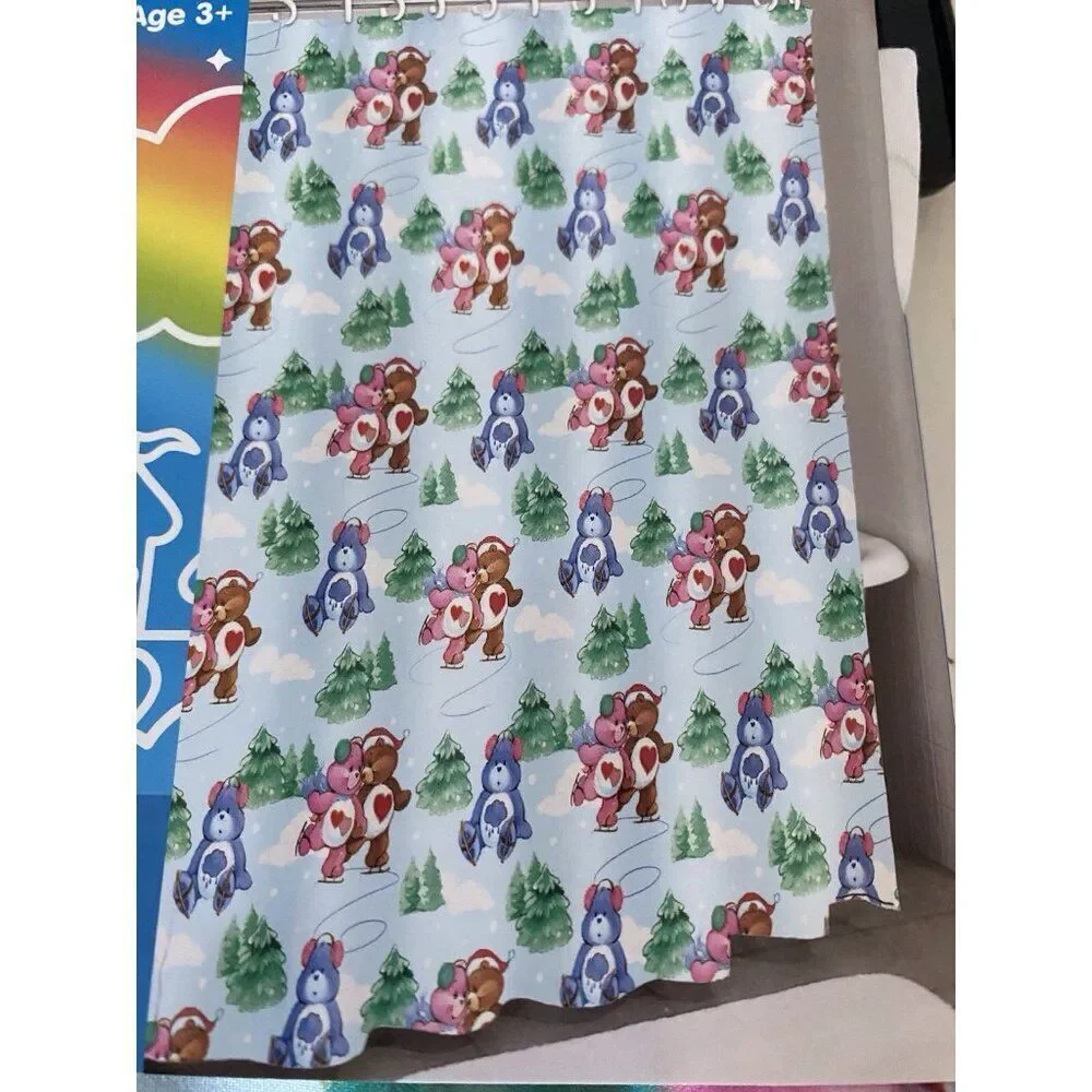 Care Bears Christmas Holiday Fabric Shower Curtain 70 X 72” Ice Skating Snow NEW